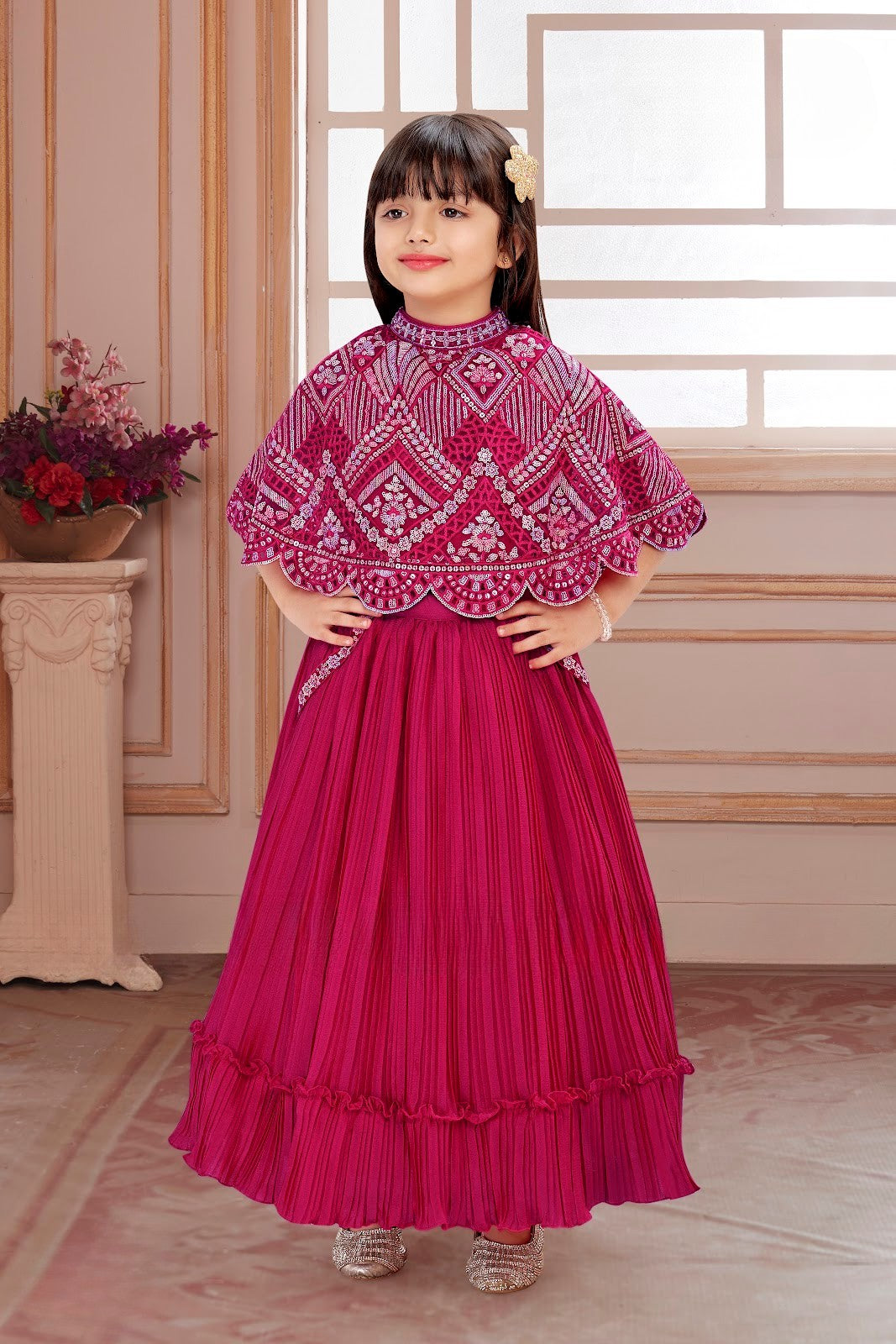Rani Pink Girls’ Embroidered Cape Gown Set