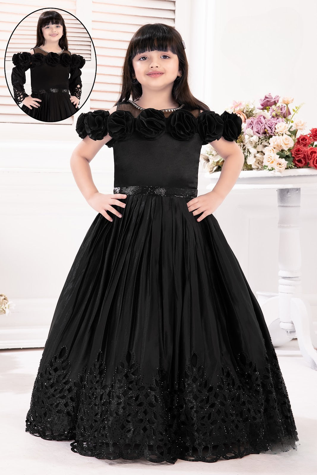 Black Girls’ Floral-Appliqué Gown with Detachable Sleeves
