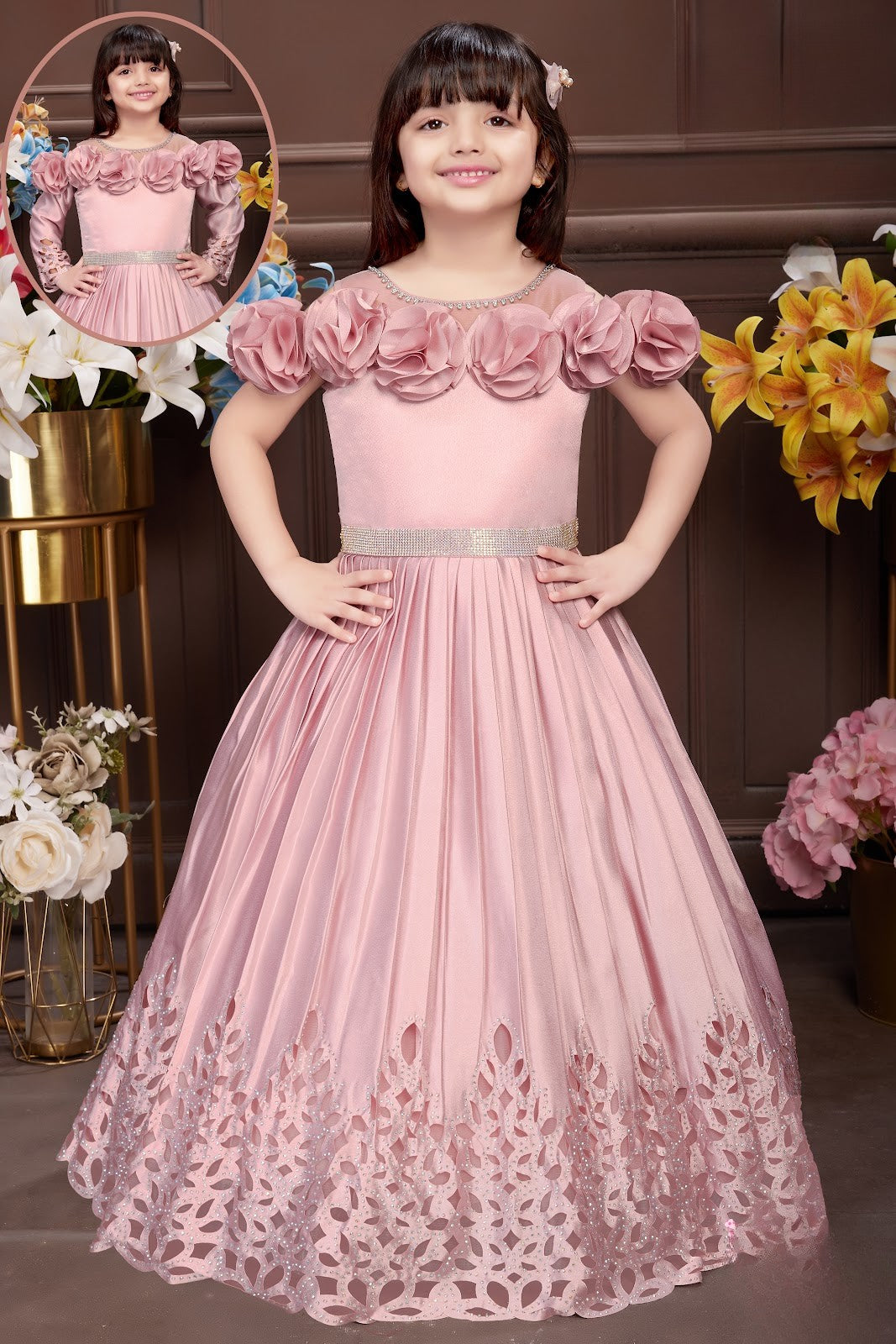 Pink Girls’ Floral-Appliqué Gown with Detachable Sleeves