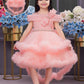Peach Girls’ Hi-Low Net Ruffle Gown with Shoulder Bow