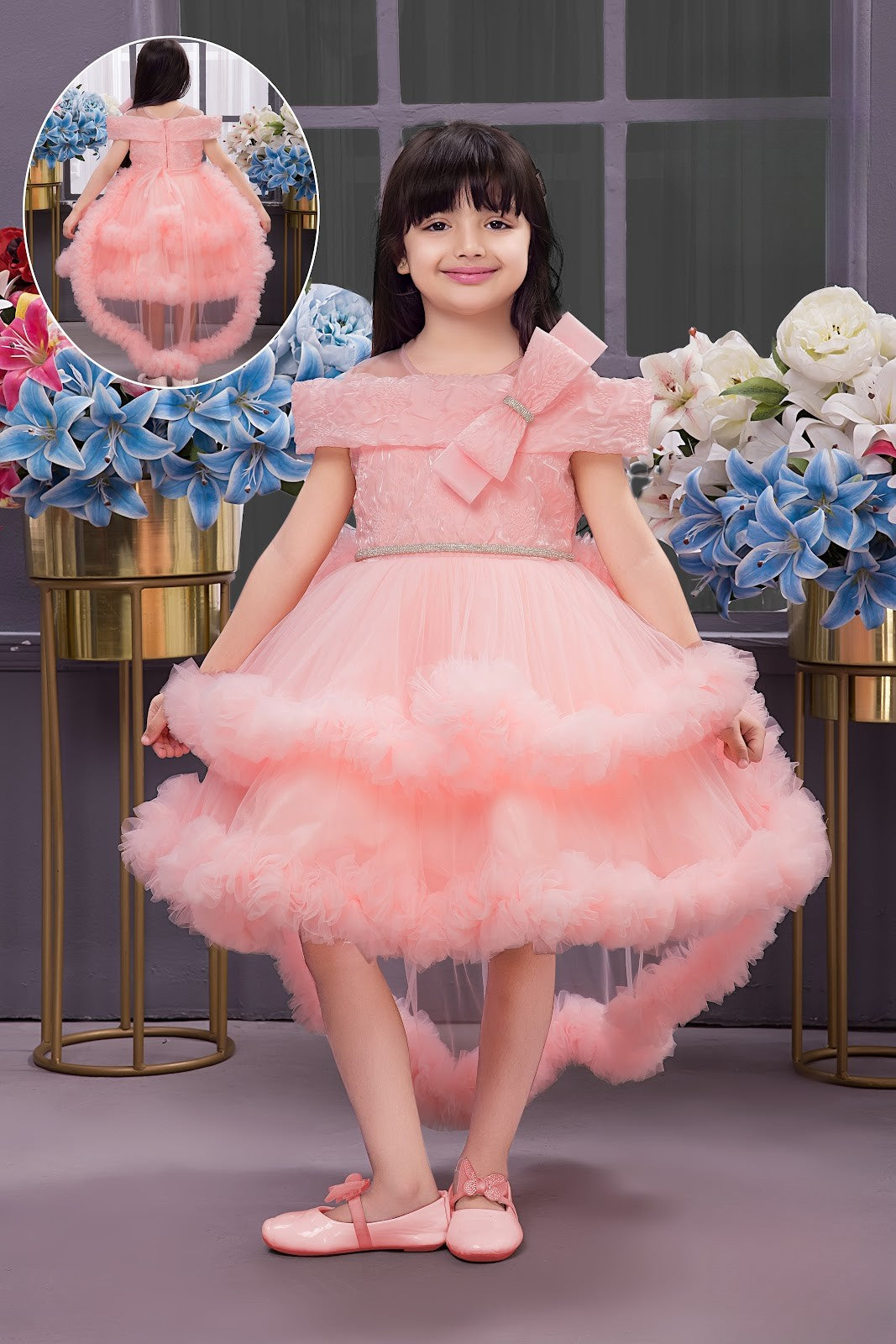 Peach Girls’ Hi-Low Net Ruffle Gown with Shoulder Bow