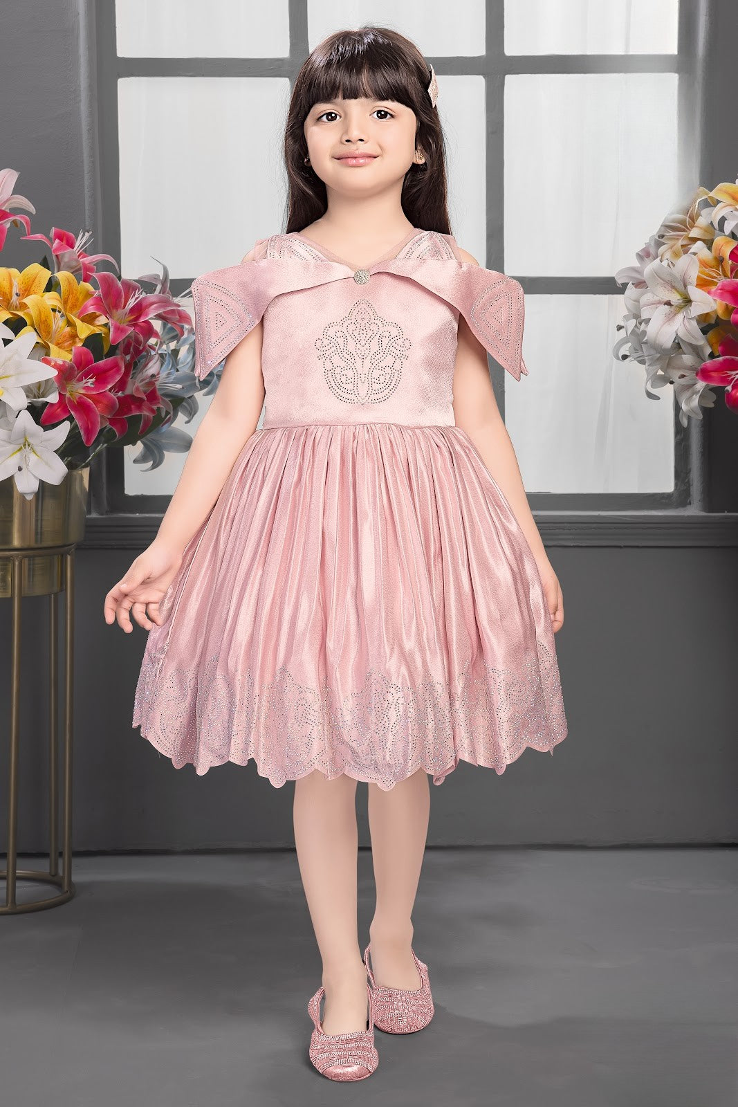 Pink Girls’ Shimmer Party Dress with Embellished Cape Sleeves