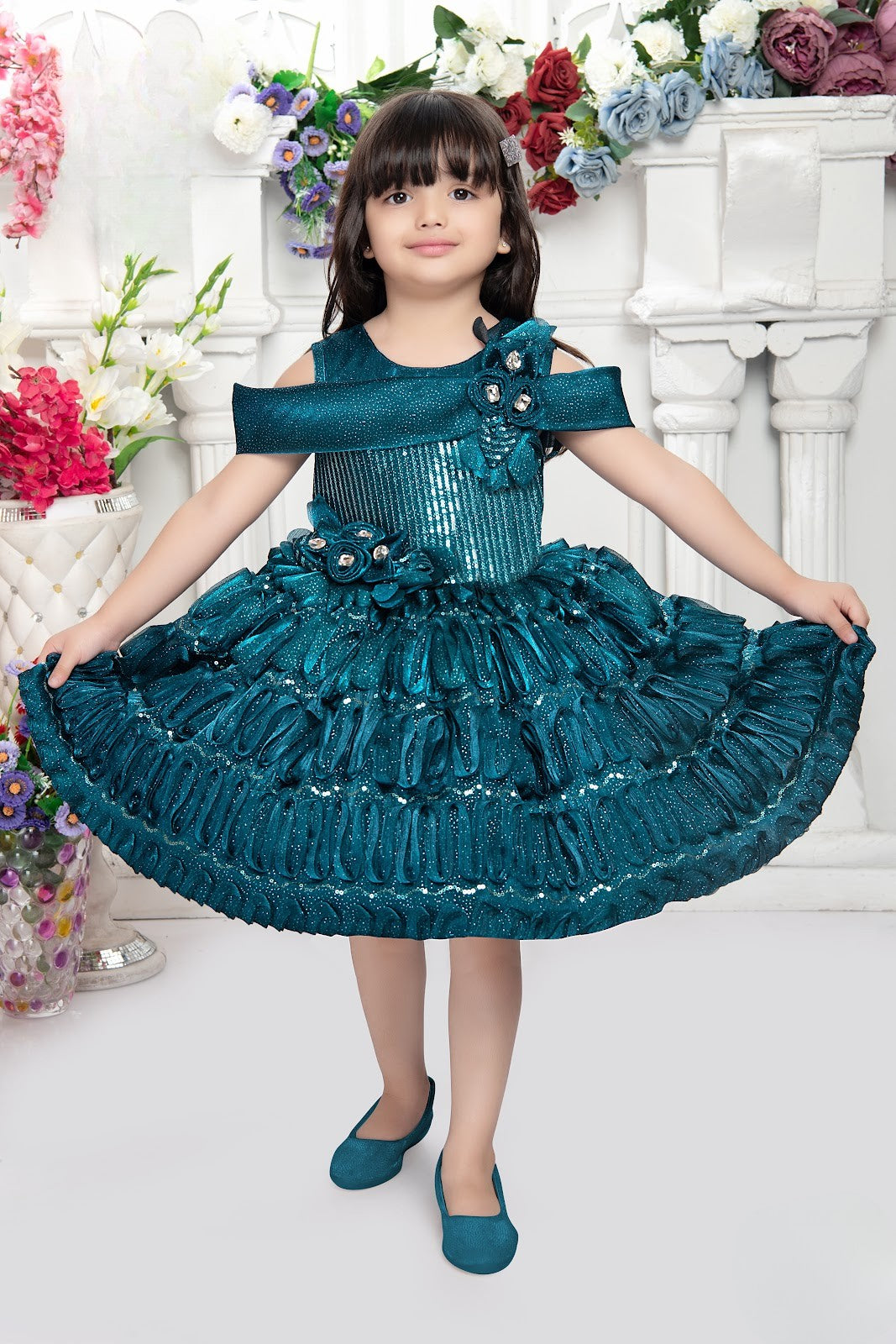Teal Blue Cold-Shoulder Sequined Party Dress