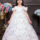 Sky White Pastel Floral Gown with Shoulder Bow Detail