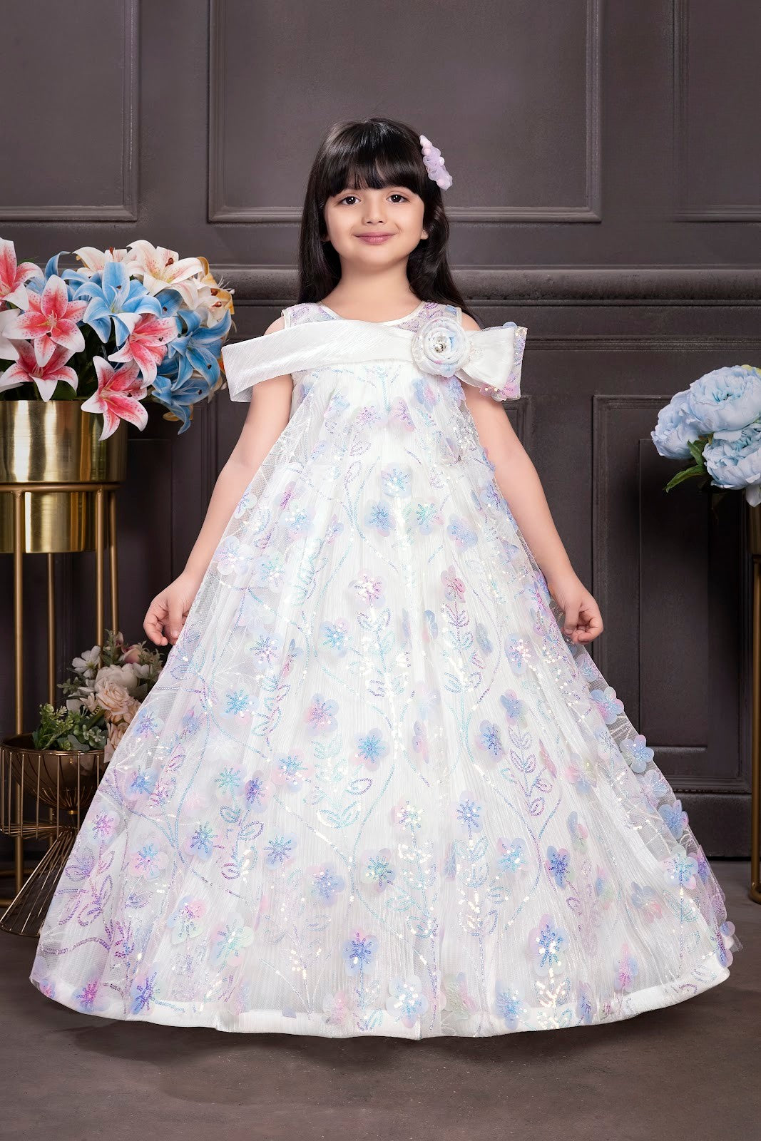 Sky White Pastel Floral Gown with Shoulder Bow Detail