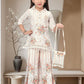 Cream & Coral Girls’ Floral Striped Kurti-Plazo Set with Tassel Detailing