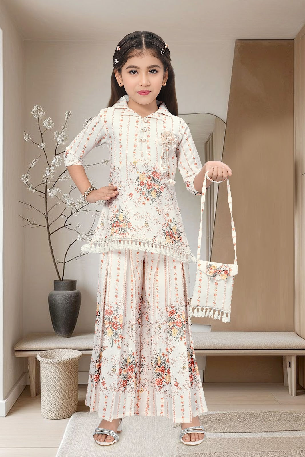 Cream & Coral Girls’ Floral Striped Kurti-Plazo Set with Tassel Detailing