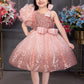 Peach Glitter Princess Dress with Dramatic Ruffle Sleeve