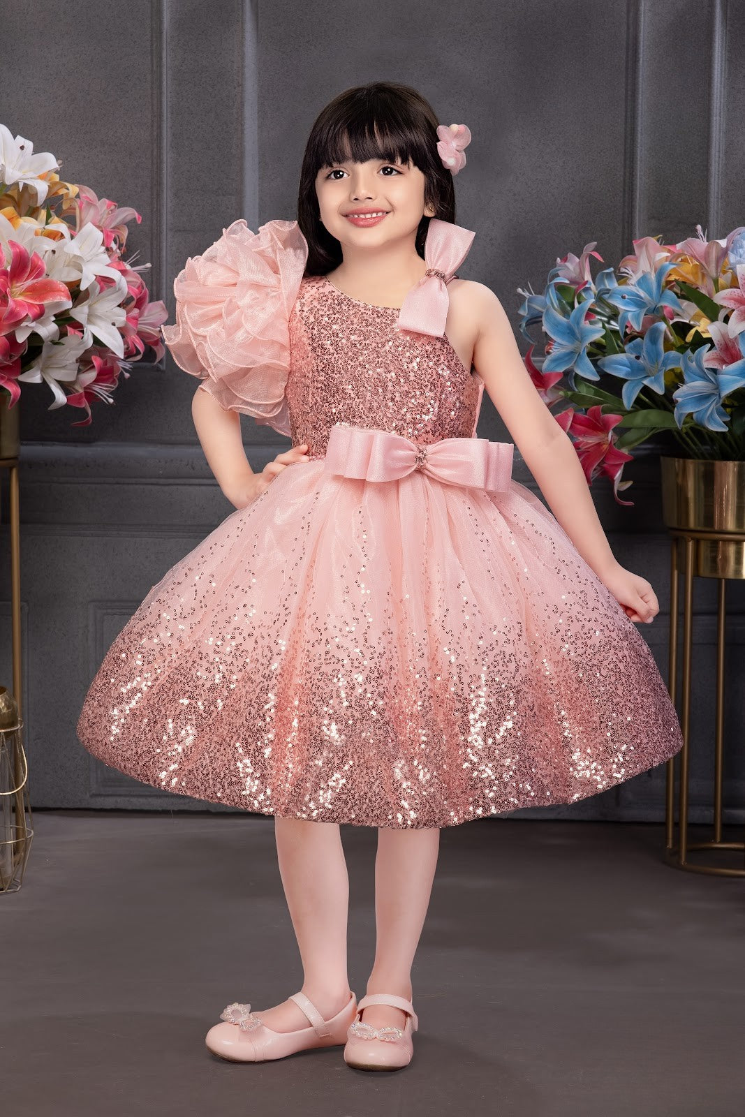 Peach Glitter Princess Dress with Dramatic Ruffle Sleeve