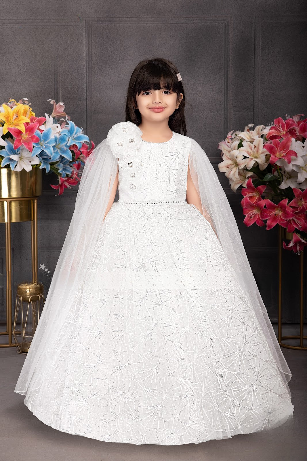 White Cape Gown with Embellished Shoulder Flower