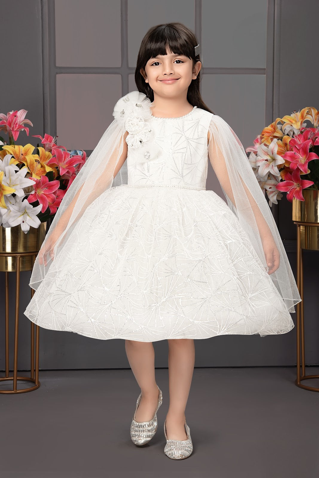 White Embellished Cape Gown with 3D Flower Shoulder