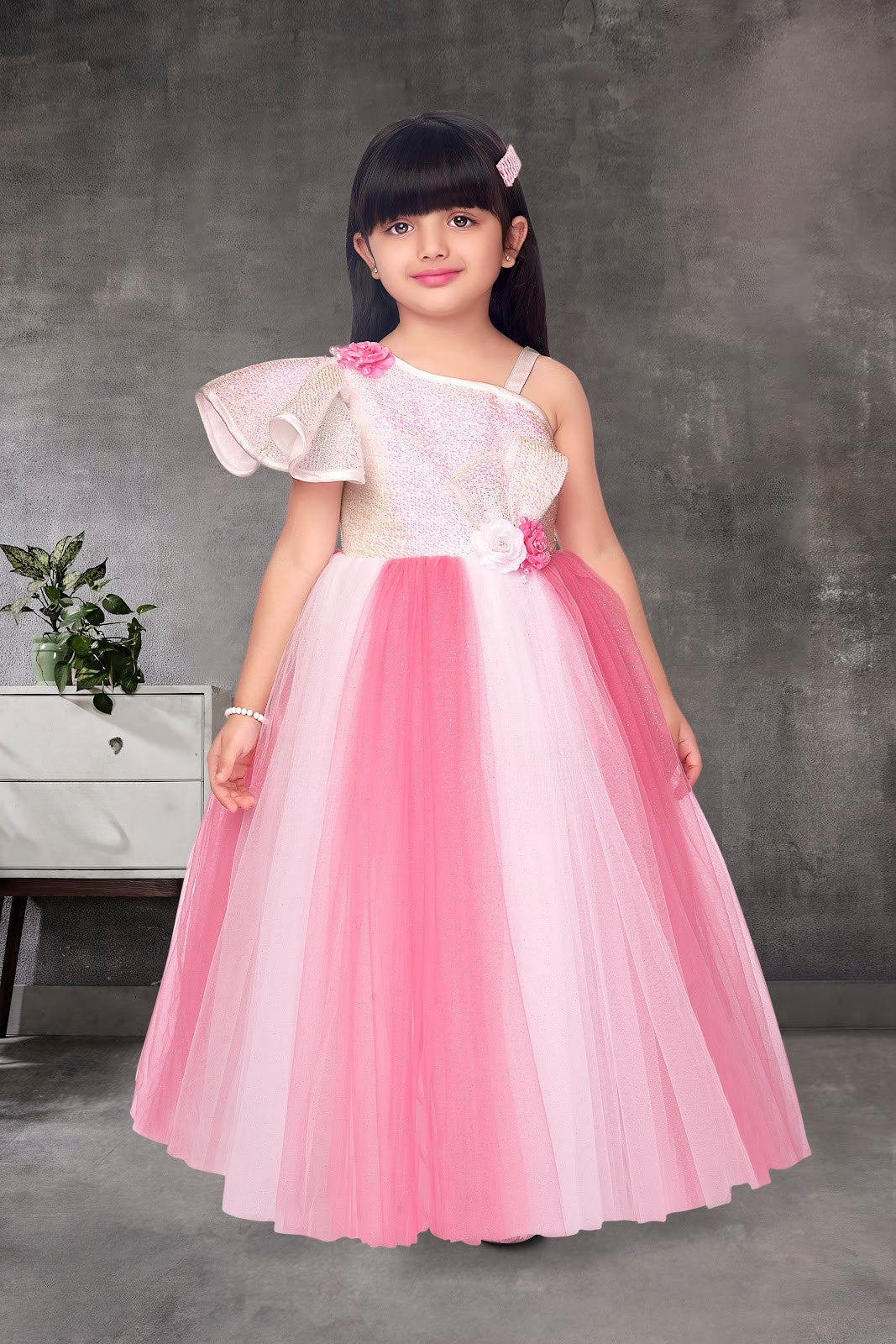 Pink Ombre One-Shoulder Gown with Flared Net Skirt