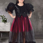 Black & Wine Tulle Gown with Puff Sleeves and Sequin Bow