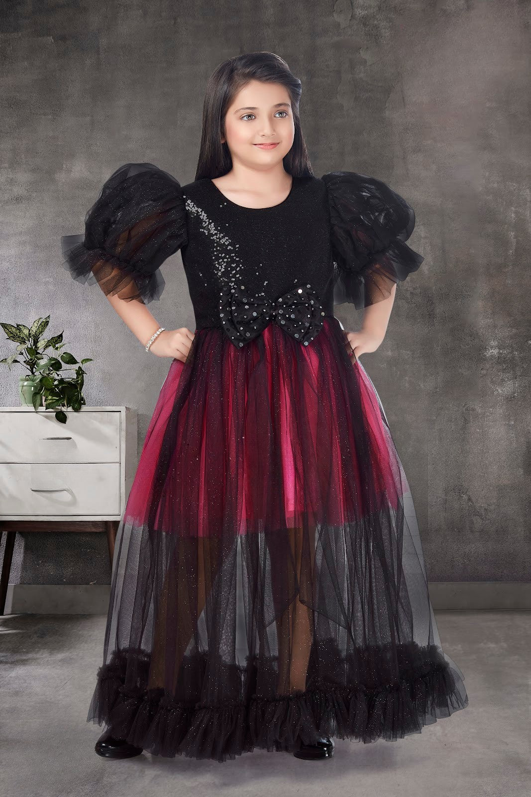 Black & Wine Tulle Gown with Puff Sleeves and Sequin Bow