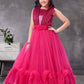 Rani Pink Net Gown with Sequin Bodice & Floral Waist Belt