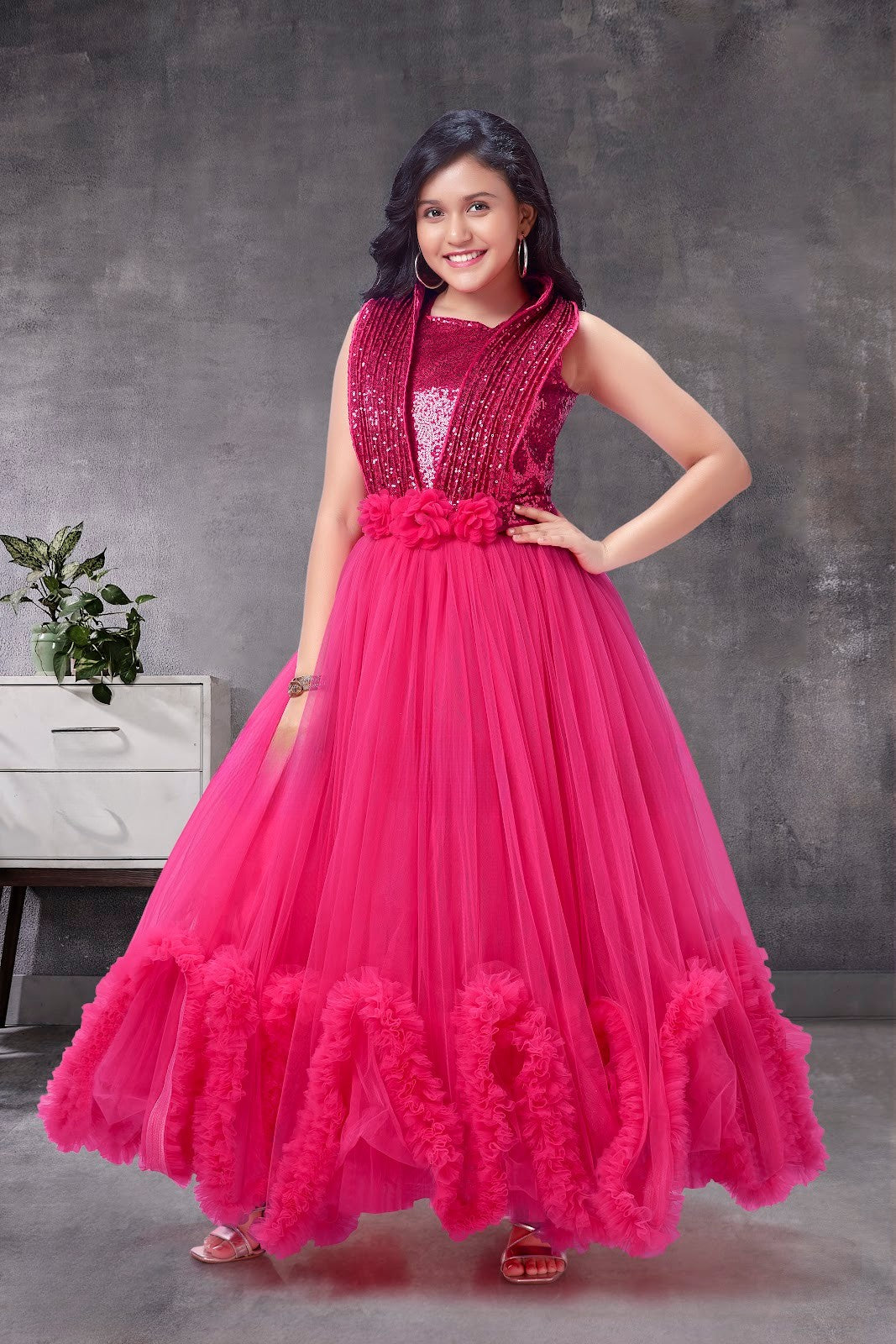 Rani Pink Net Gown with Sequin Bodice & Floral Waist Belt