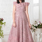 Blush Pink Girls’ Sequined Geometric Gown with Layered Shoulder Detail