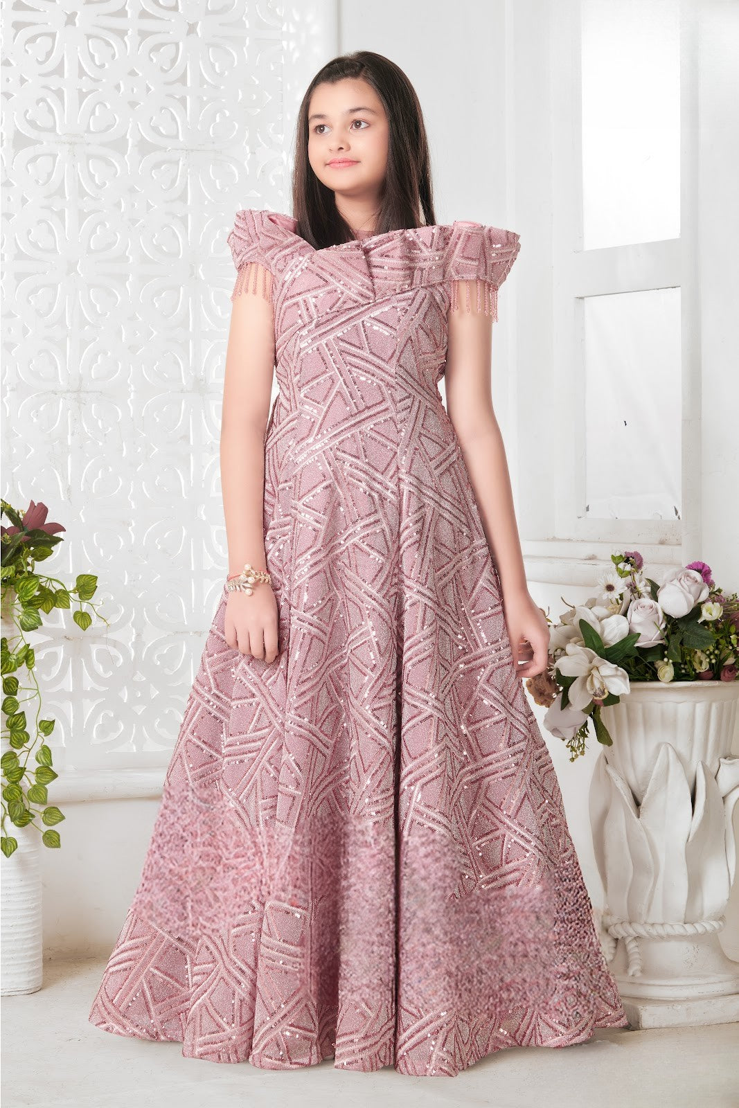 Blush Pink Girls’ Sequined Geometric Gown with Layered Shoulder Detail