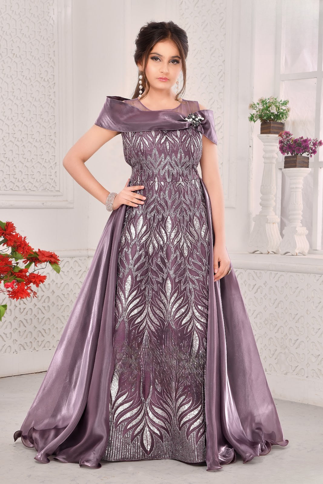 Mauve Girls’ Gown with Metallic Leaf Embroidery & Satin Cape Overlay
