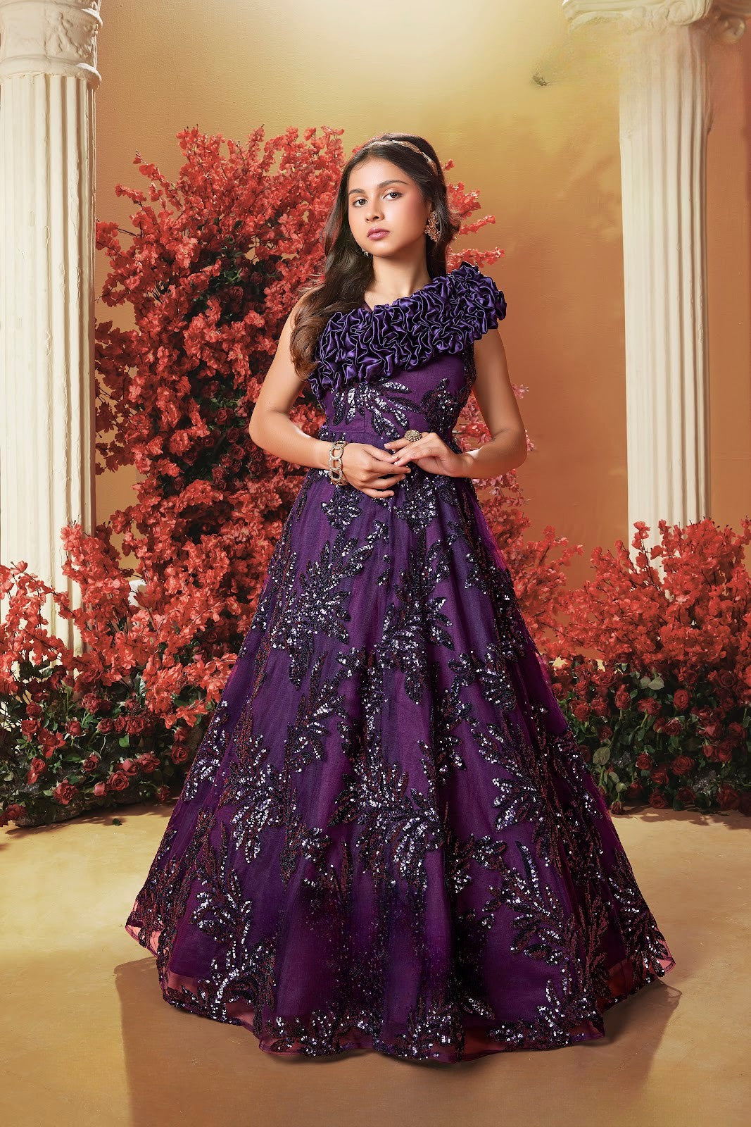 Plum Girls’ One-Shoulder Sequin Embroidered Gown with Floral Ruffle