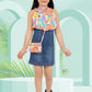 Multicolor Floral Halter Top & Denim Skirt Dress Set with Mini Sling