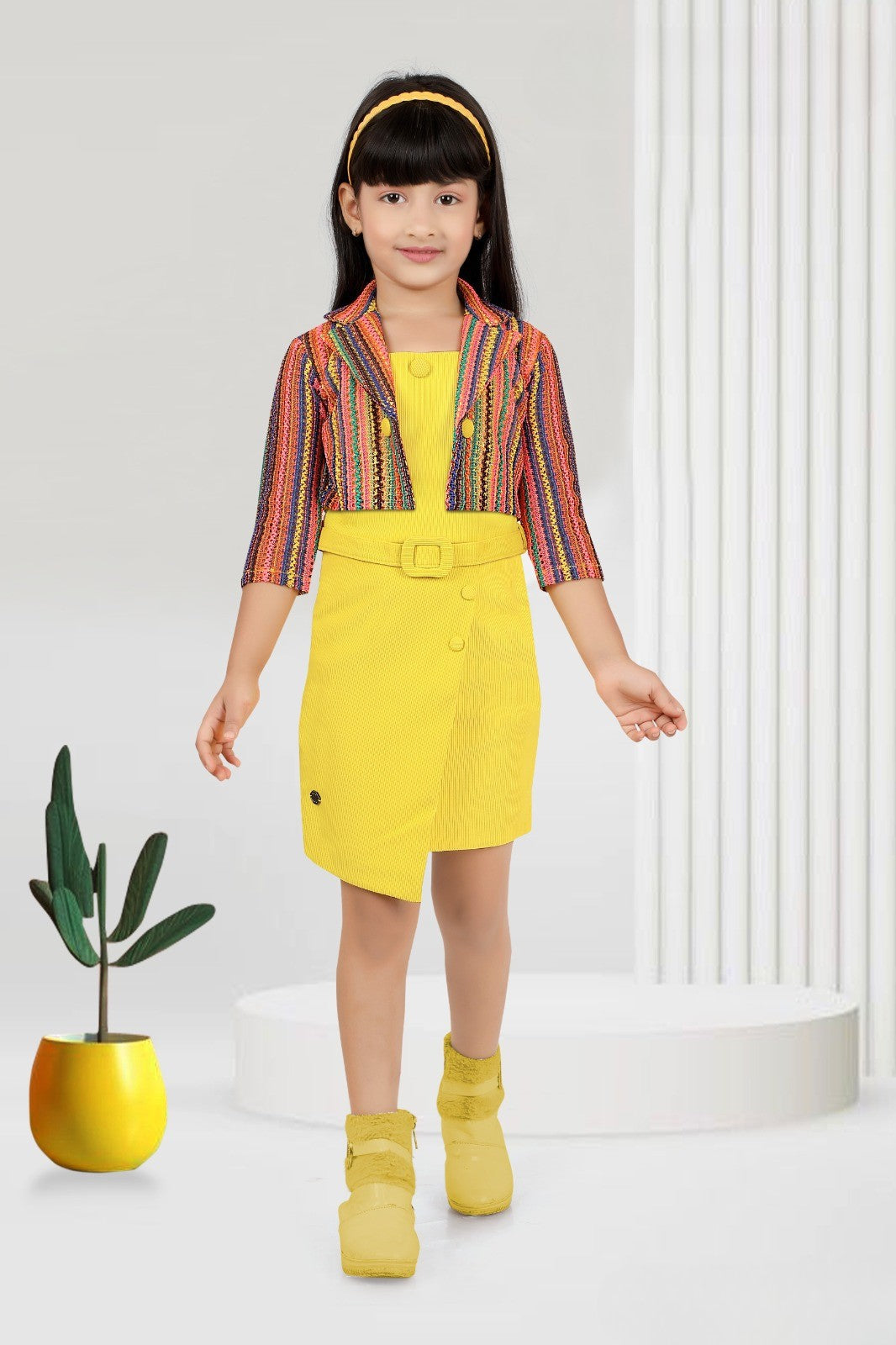 Yellow Belted Dress with Multicolor Striped Jacket