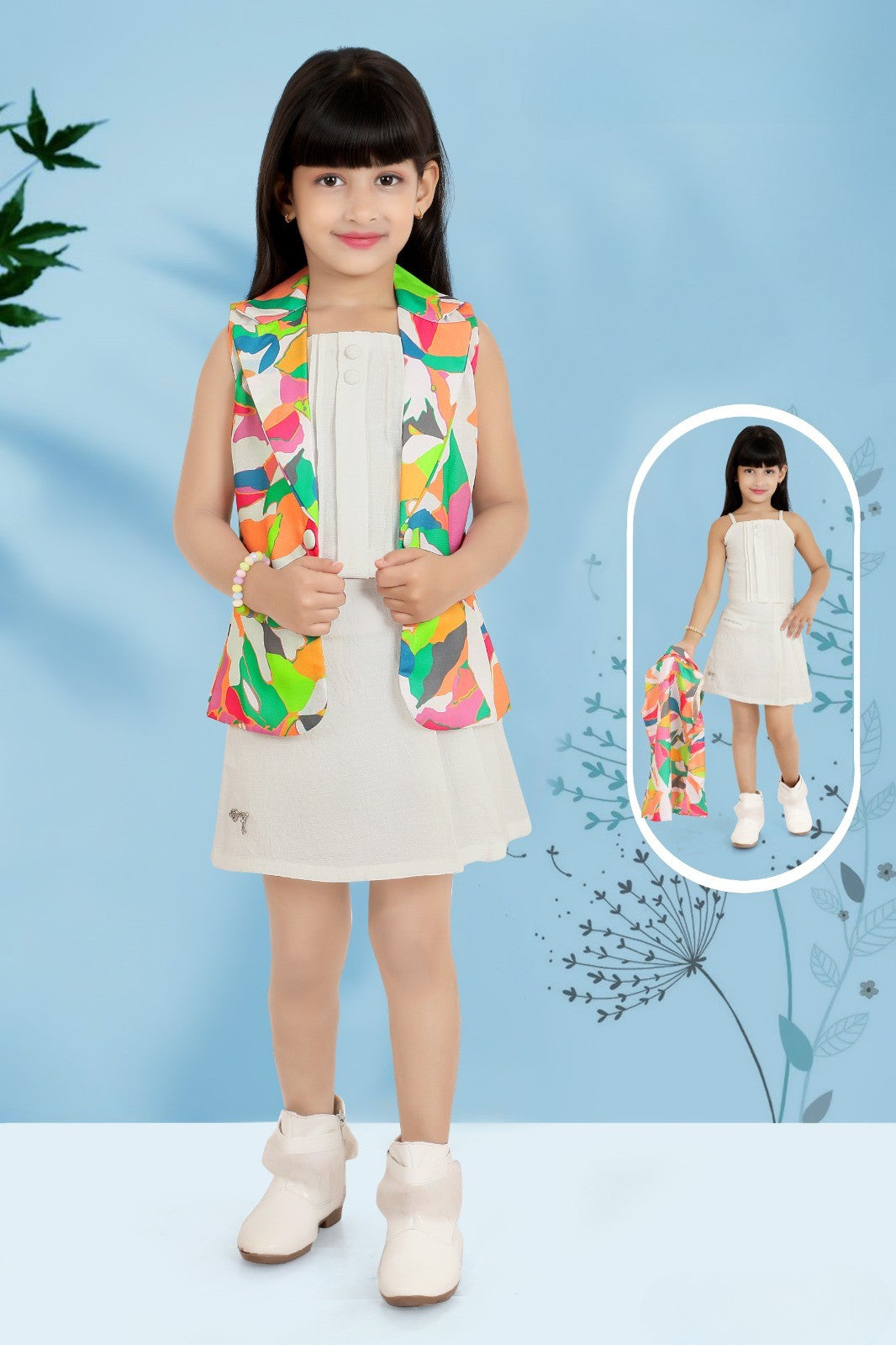 White Sleeveless Dress with Multicolor Abstract Waistcoat