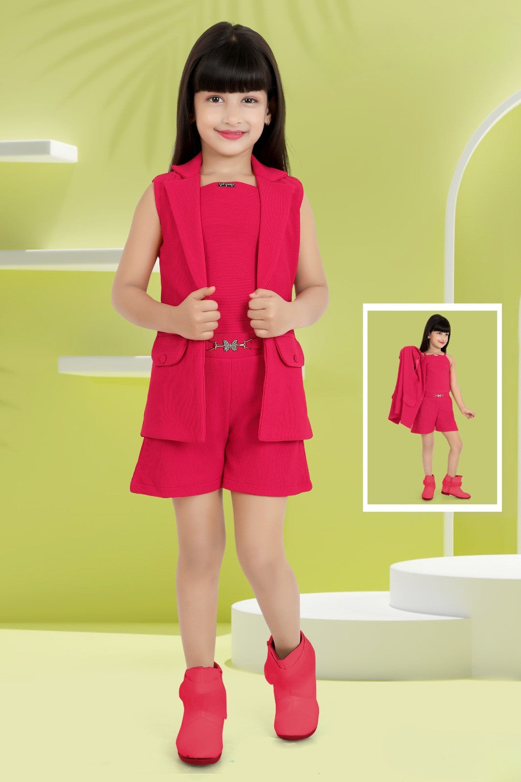 Red Sleeveless Top & Shorts Set with Matching Waistcoat