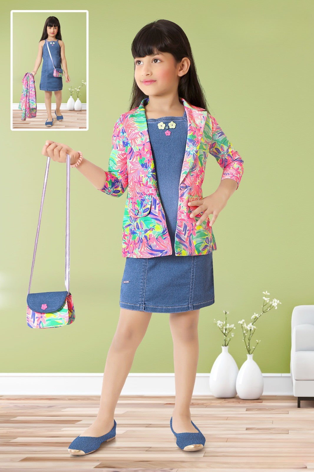 Blue Denim Dress with Multicolor Floral Blazer & Sling Bag