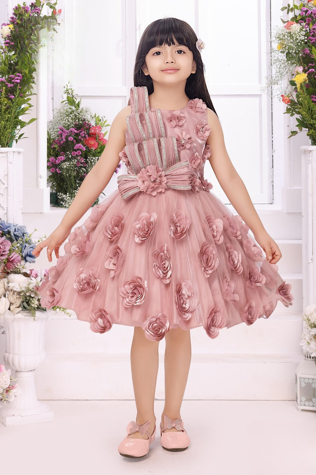 Pink Girls' 3D Floral Appliqué Party Dress
