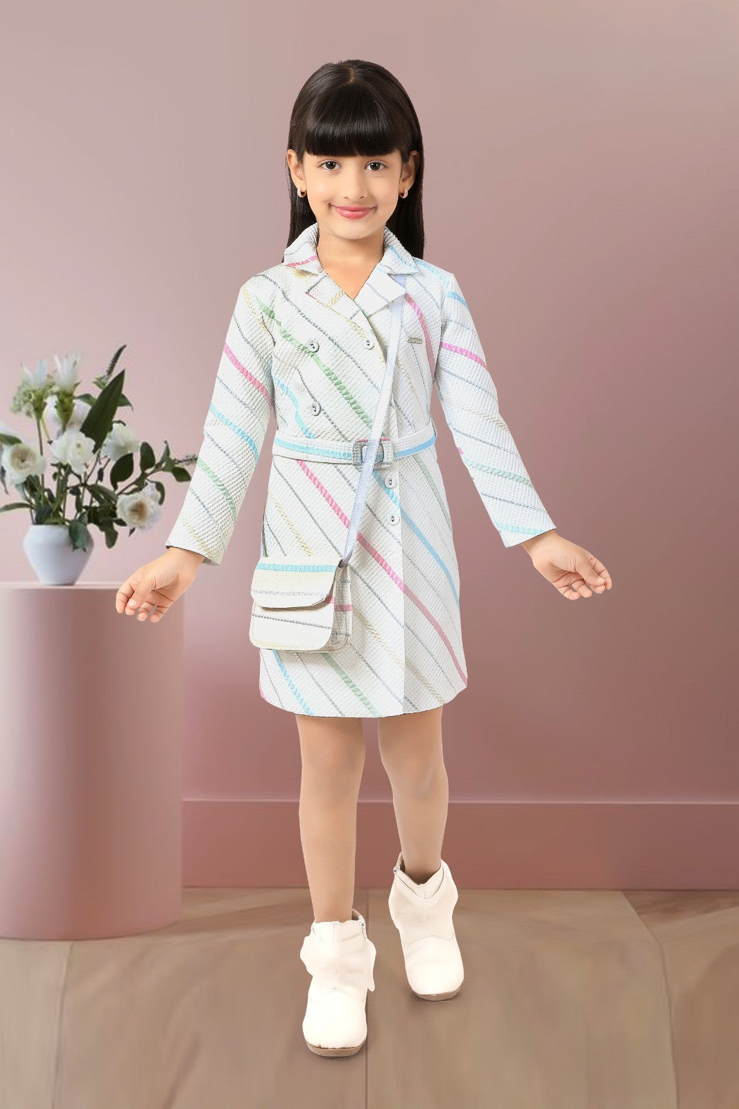 White Multicolor Striped Blazer-Style Dress with Belt & Sling Bag