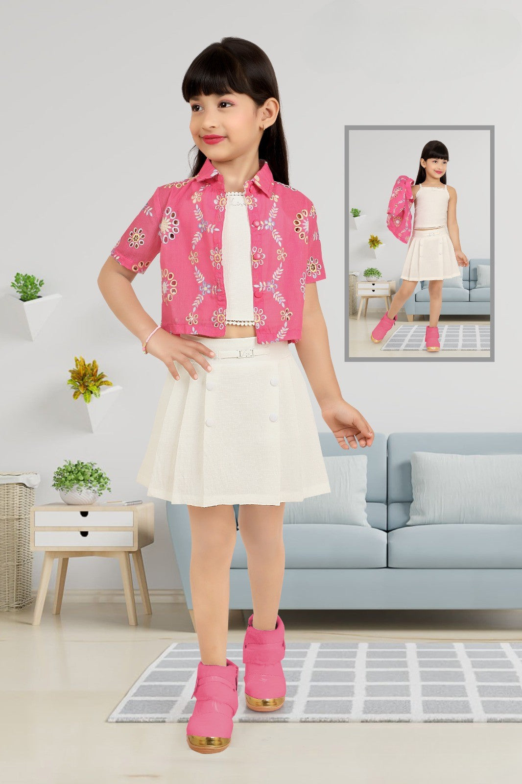 Cream Skirt and Pink Printed Crop Shirt Co-ord Set for Girls