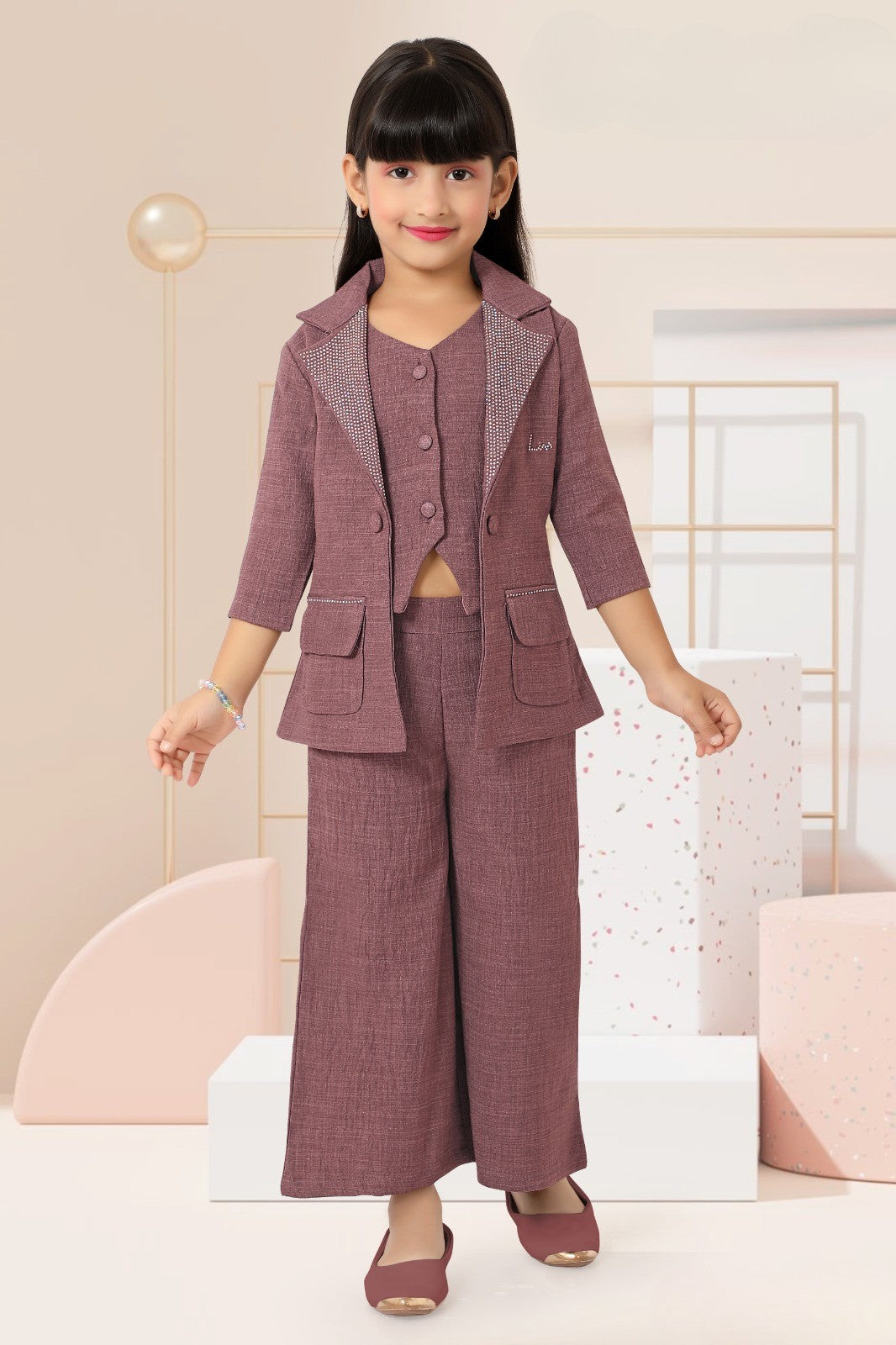 Maroon Blazer Co-ord Set with Embellished Lapel for Girls