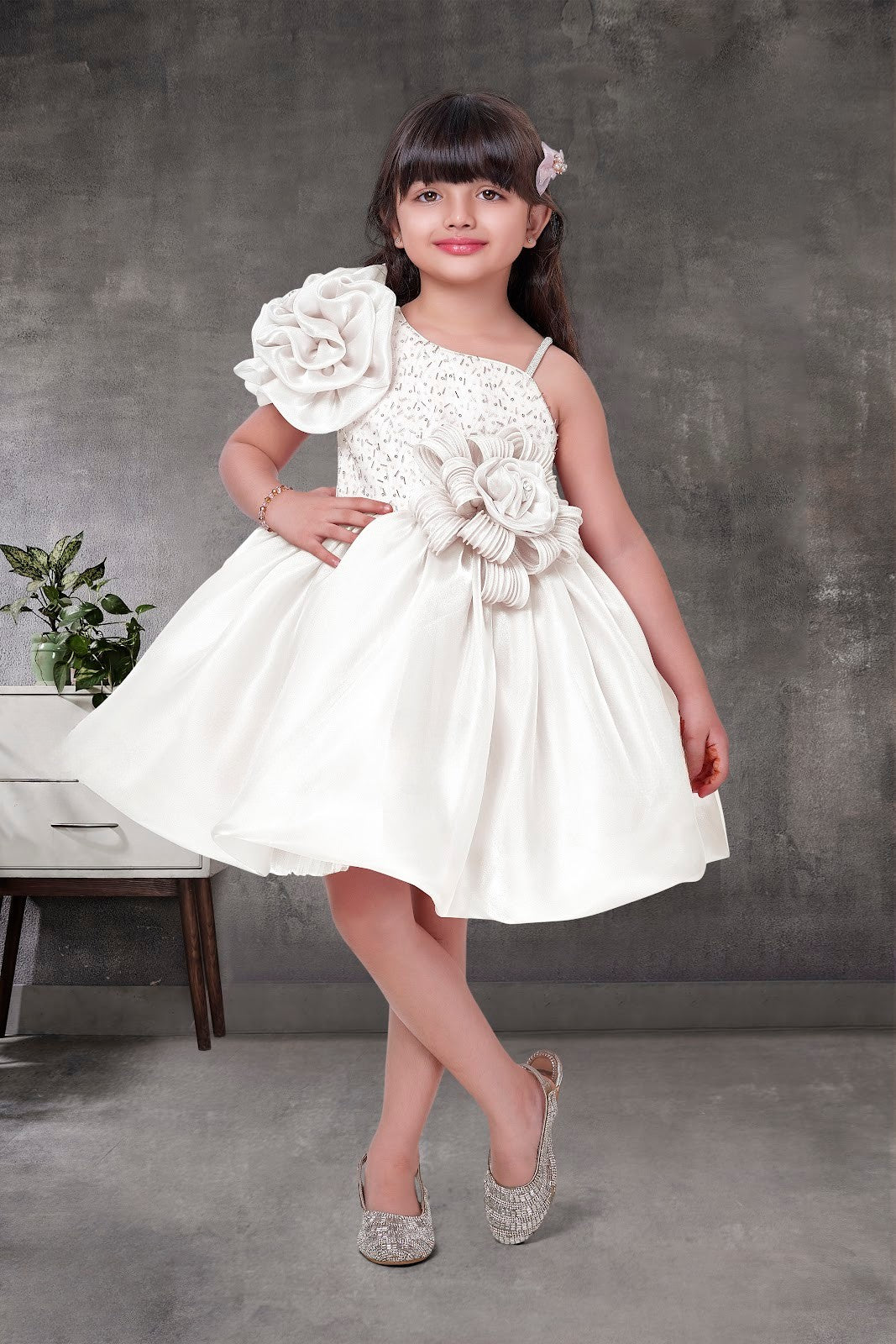 Cream One-Shoulder Designer Party Dress