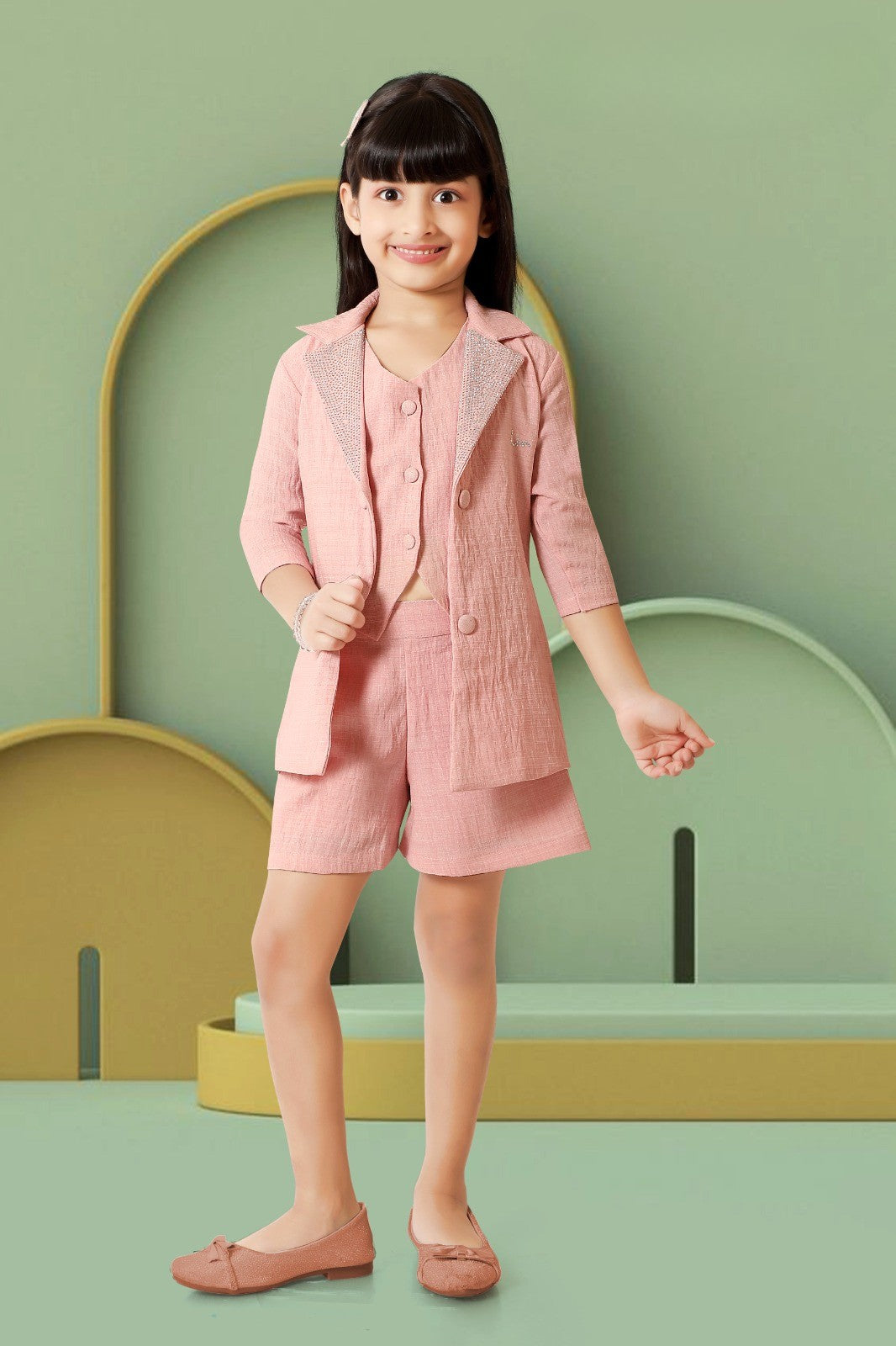 Blush Pink Sleeveless Blazer & Shorts Co-ord Set for Girls