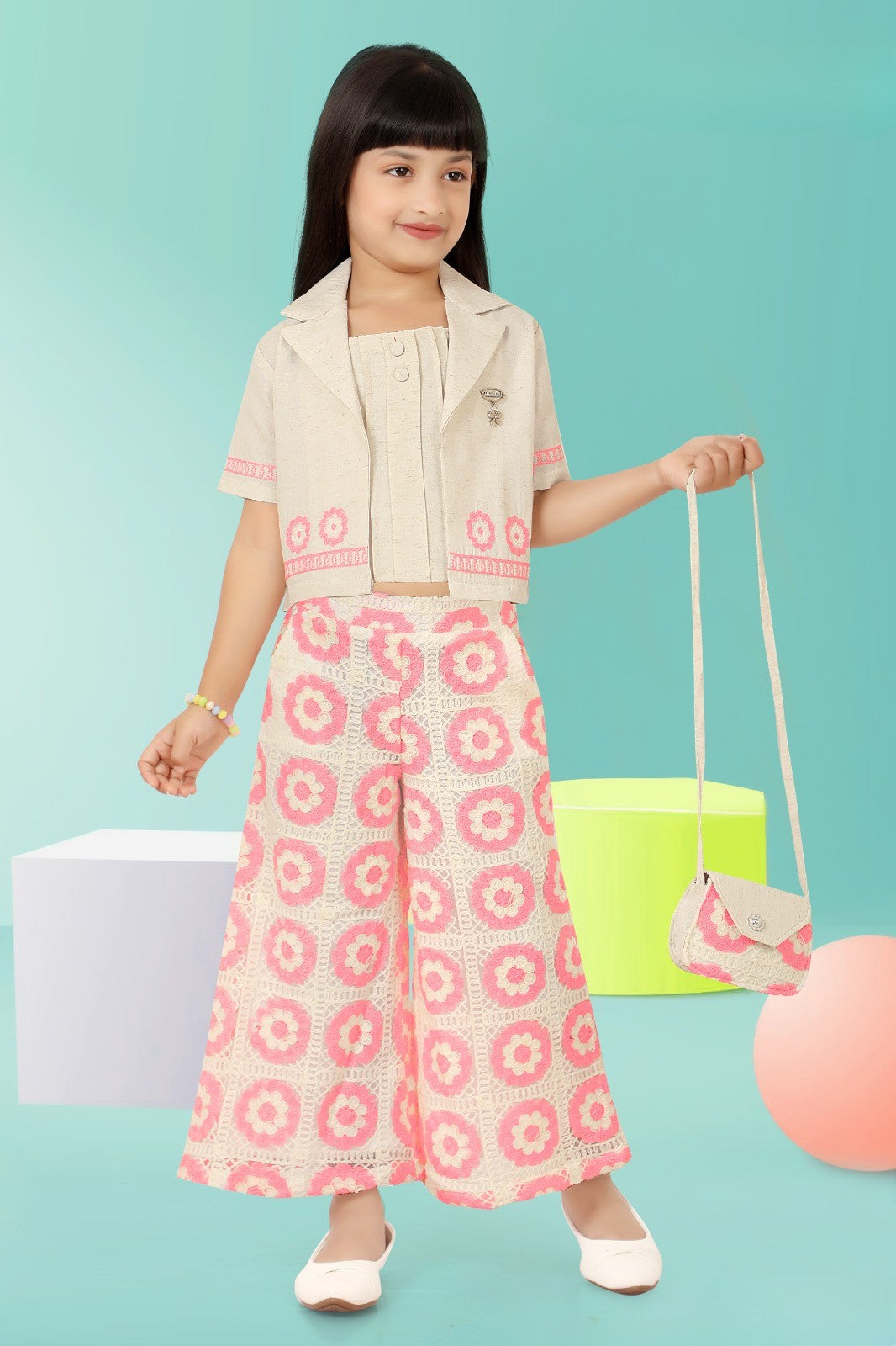 Beige & Pink Floral Co-ord Set with Mini Sling Bag for Girls