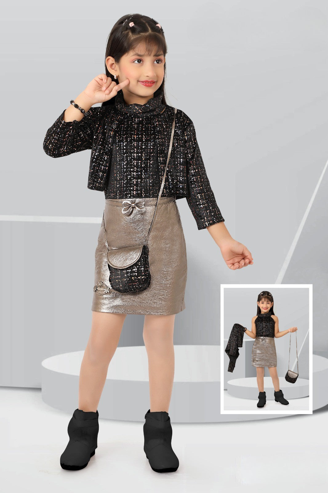 Black & Gold Metallic Co-ord Party Set for Girls