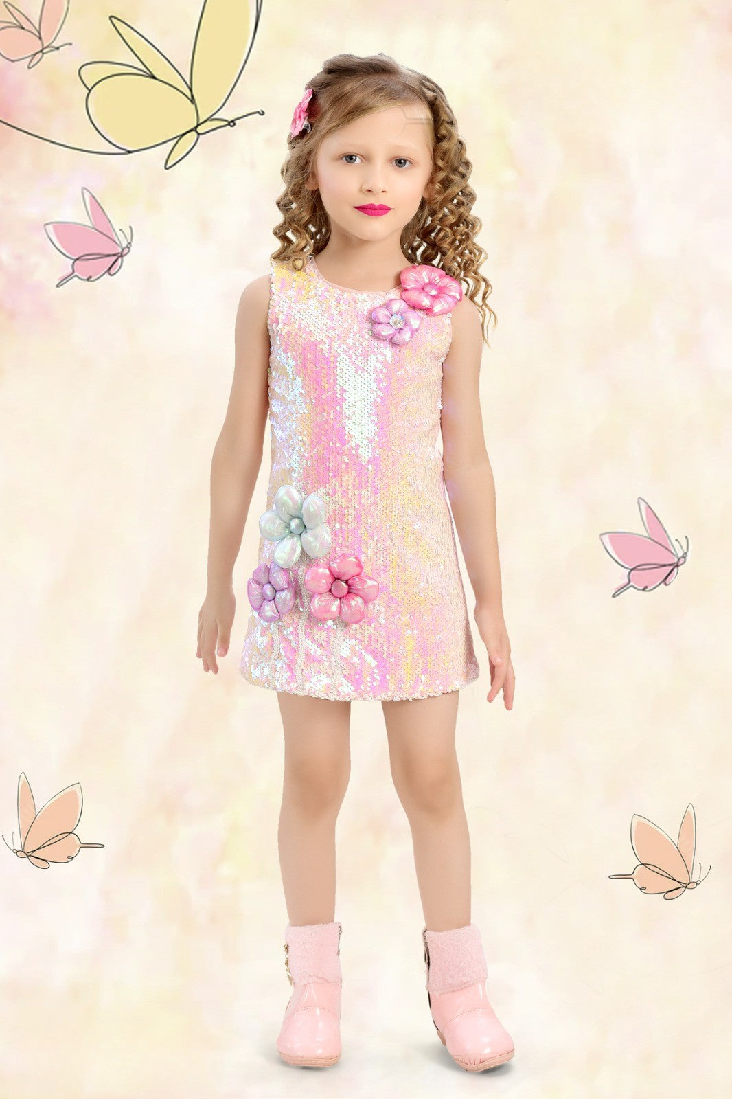 Pink Rainbow Sequin Flower Dress for Girls