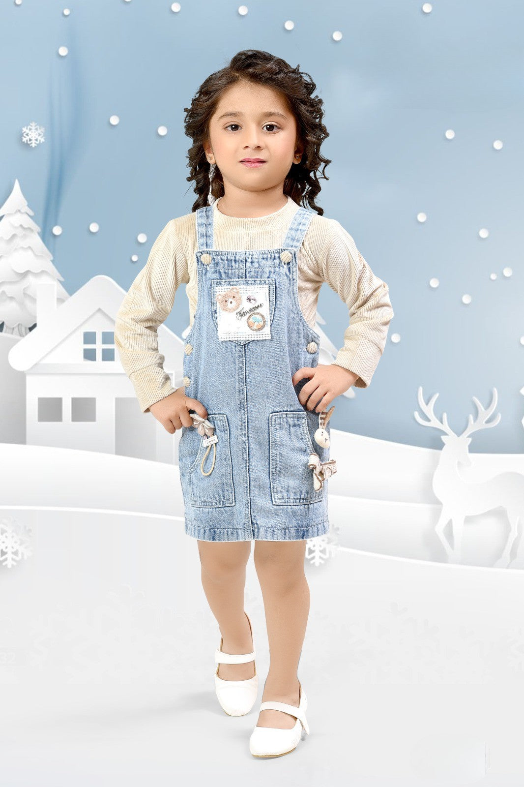 Light Blue Denim Dungaree with Beige Full-Sleeve Top