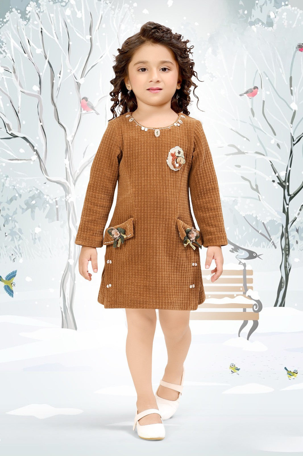 Rust Brown Corduroy Winter Dress with Floral Pocket Detailing