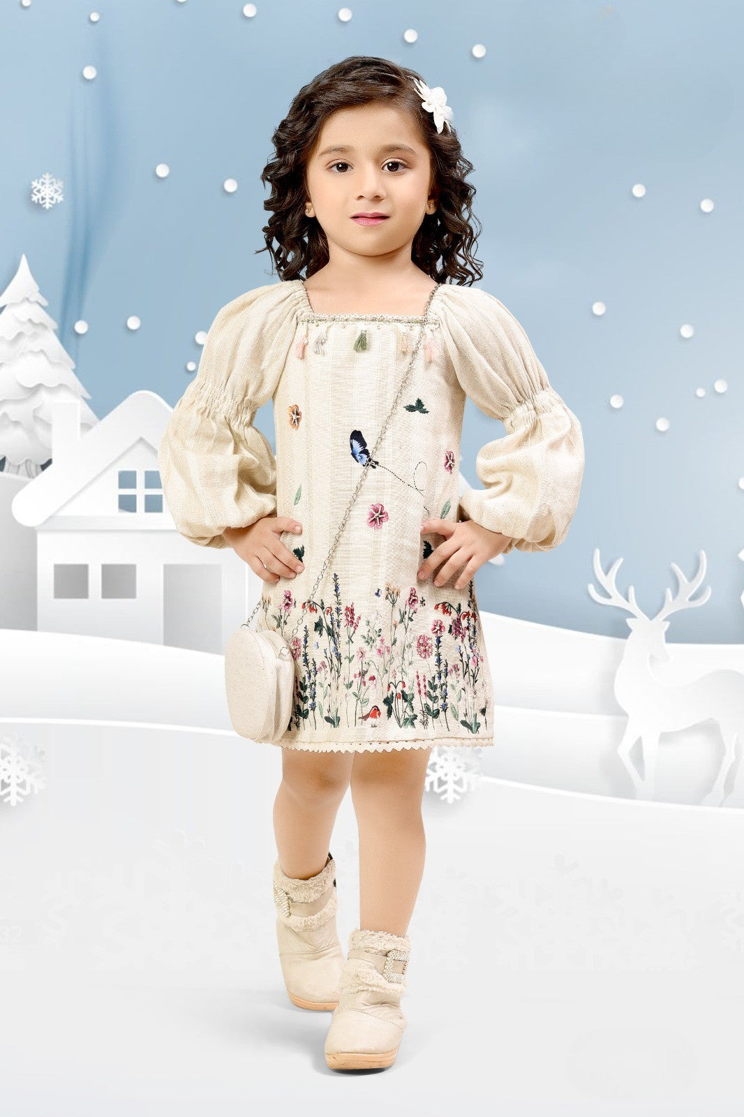 Ivory Floral Embroidered Puff-Sleeve Winter Dress