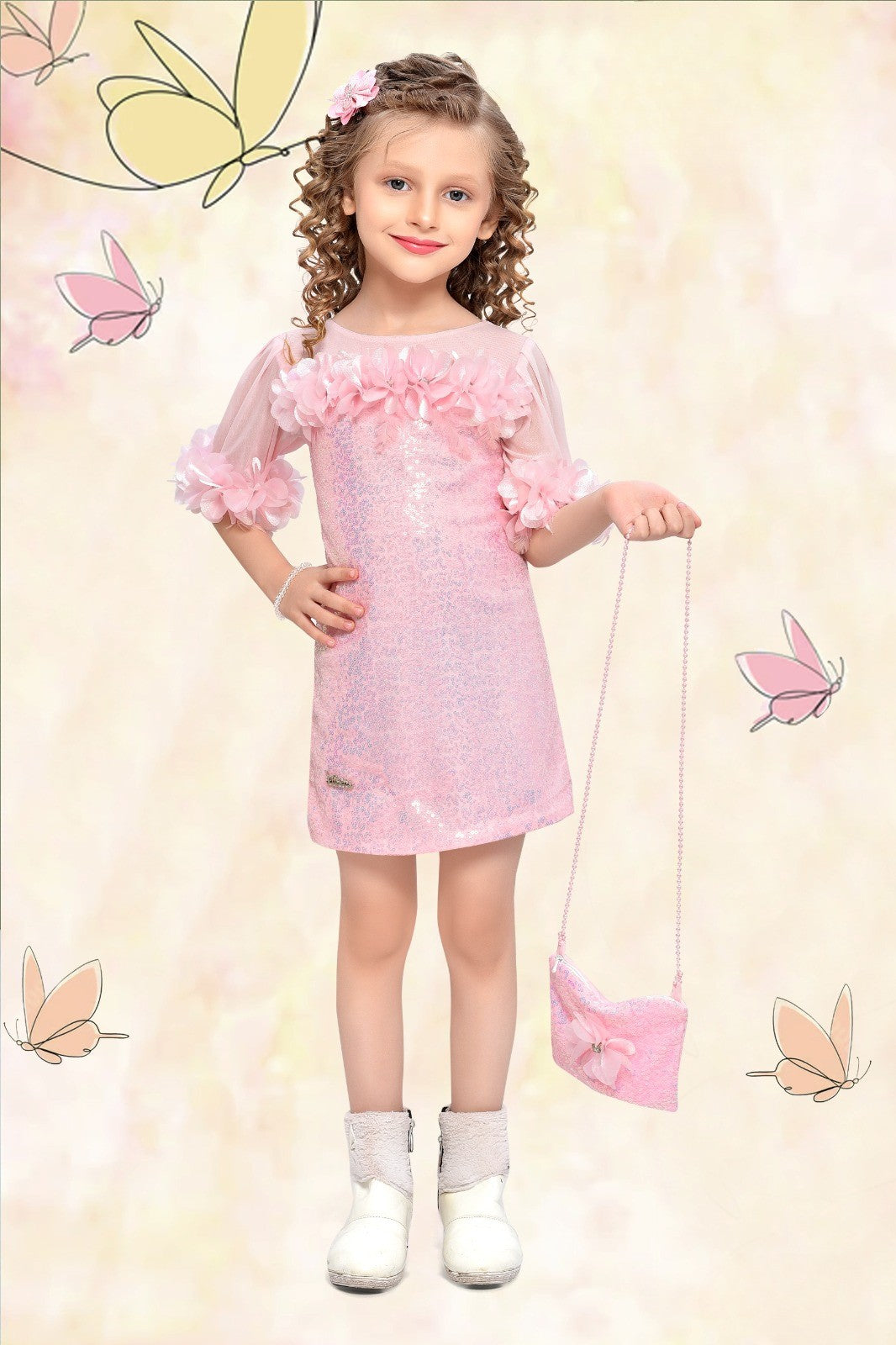 Blush Pink 3D Floral Sequin Party Dress with Purse