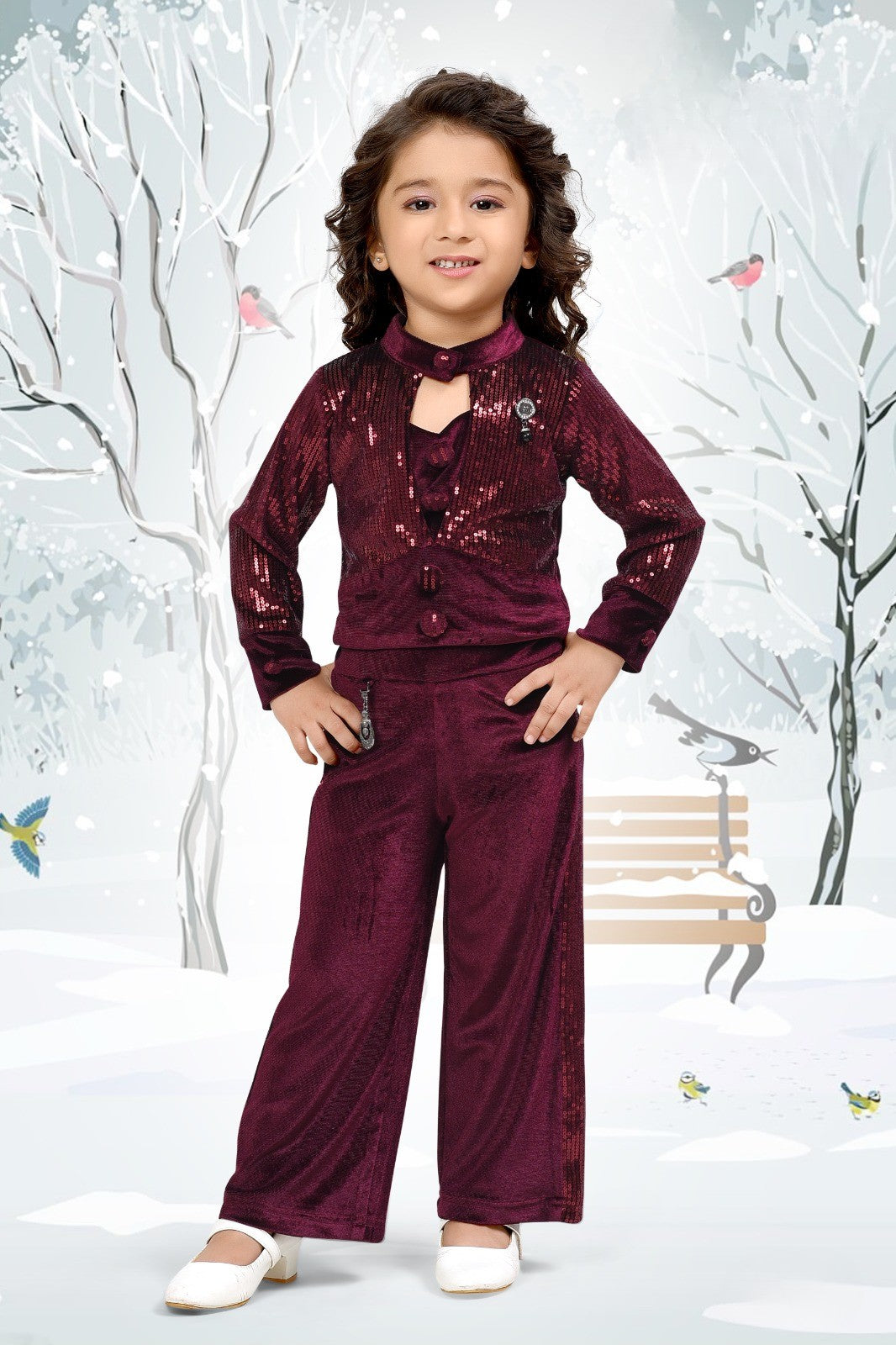Wine Maroon Velvet Sequin Co-Ord Set for Girls