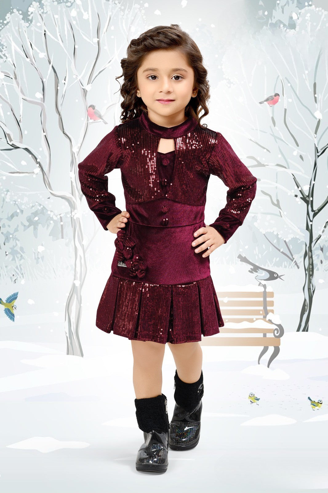 Maroon Velvet Sequin Pleated Dress for Girls