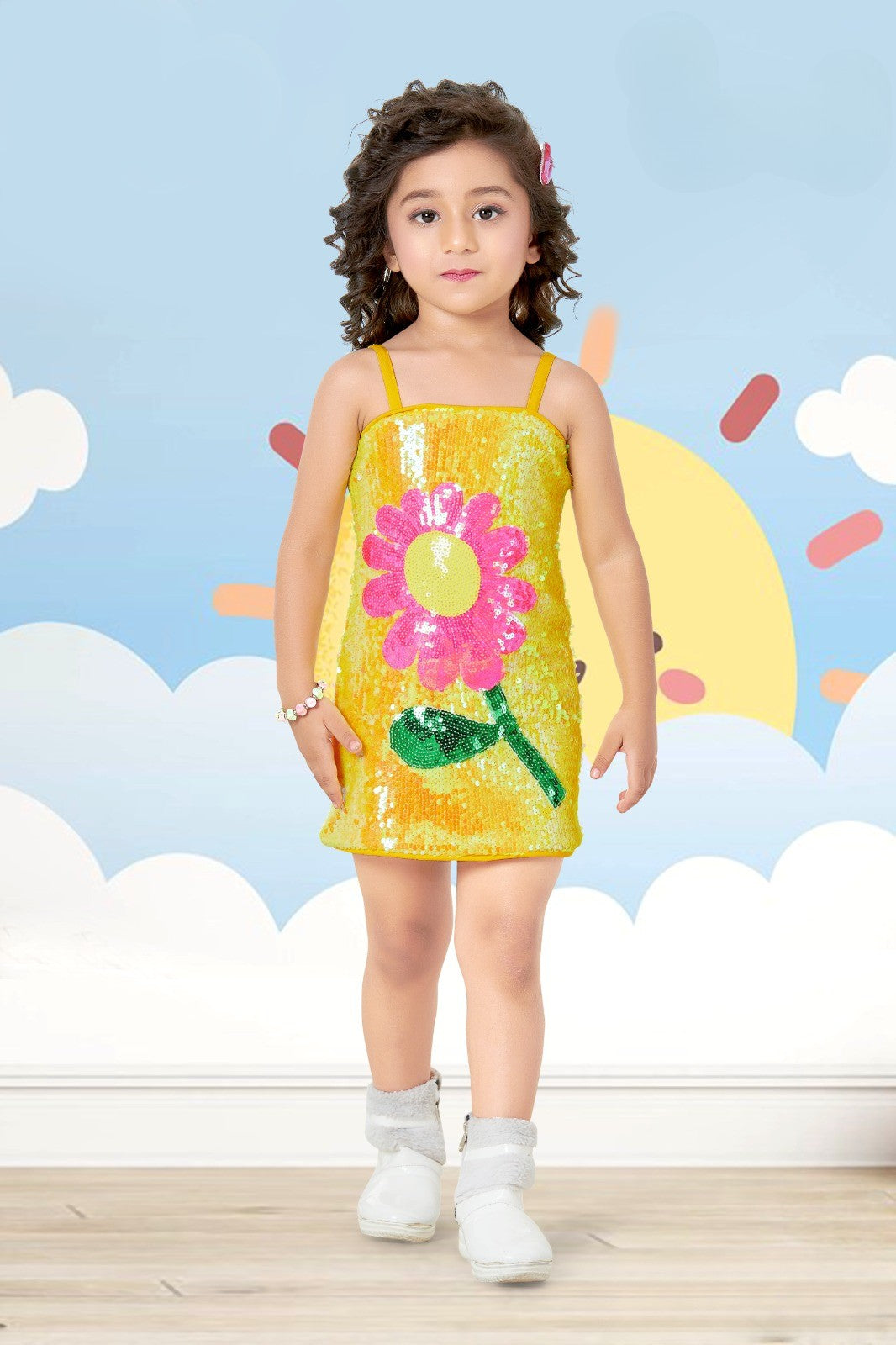 Yellow Sequin Flower Princess Party Dress