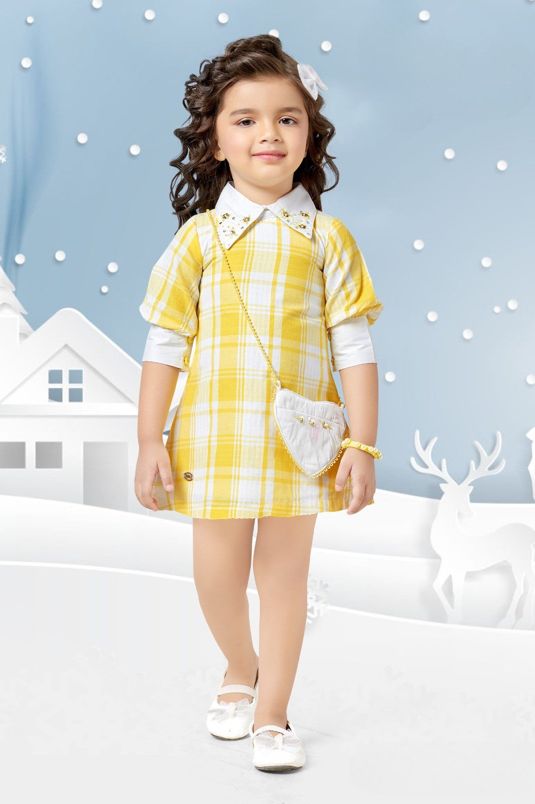 Yellow Checked Layered Shirt Dress for Girls