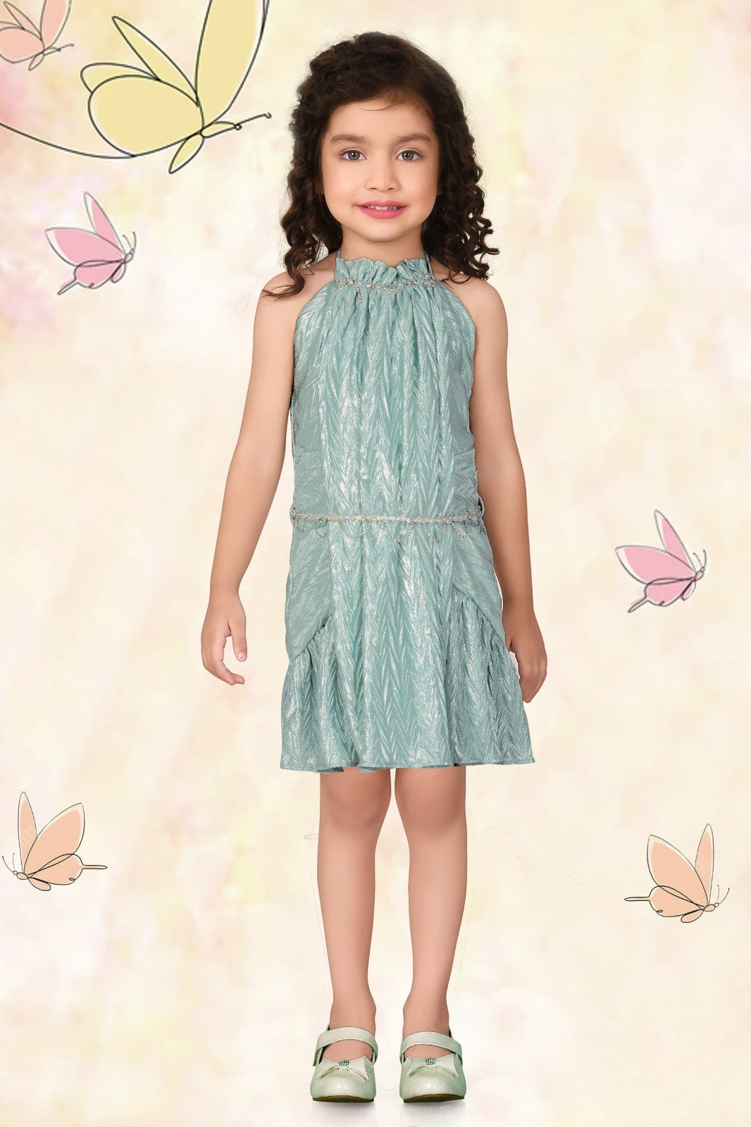 Sea Green Girls’ Sleeveless Gathered Party Dress