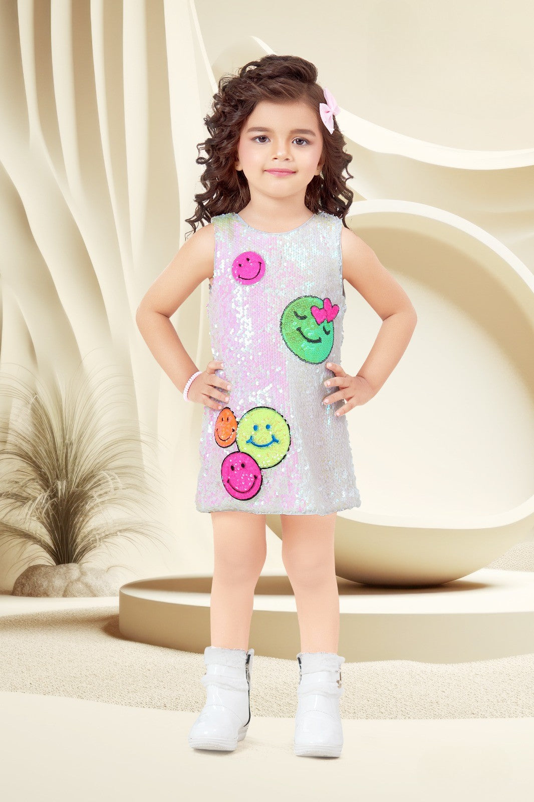 White Multicolour Girls’ Sequin Smiley Shift Dress