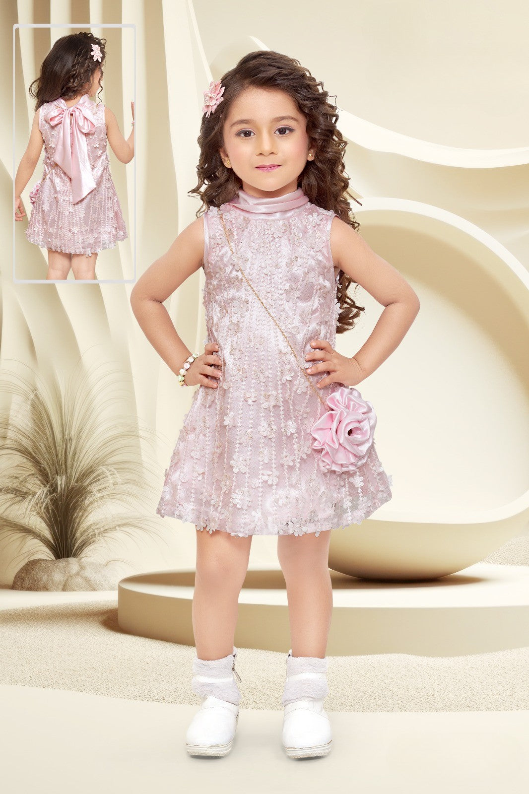 Pink Girls’ Zip-Front Shirt Dress with Crochet Pockets & Fringe