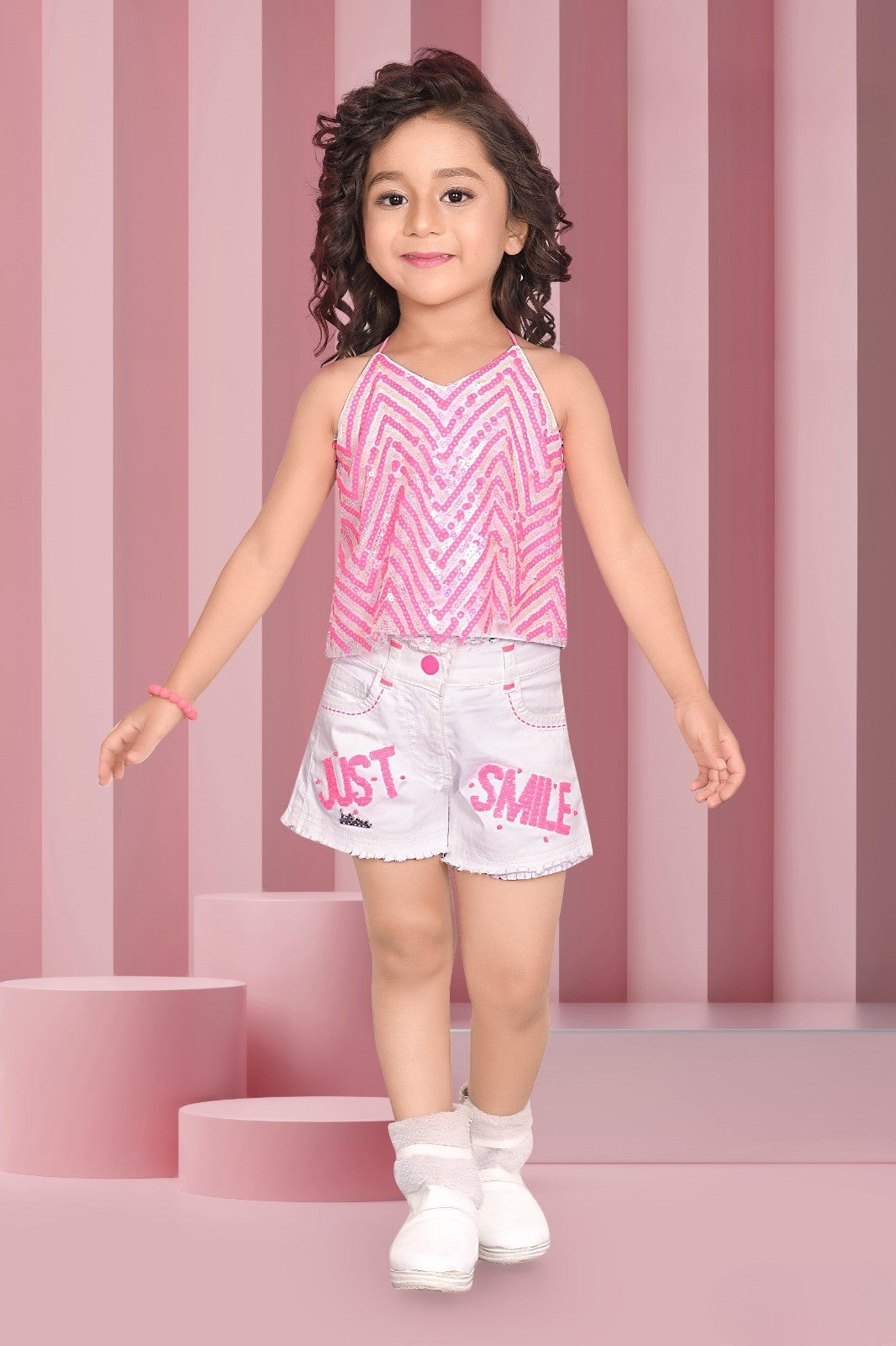 Pink Sequin Halter Top with White Shorts Girls' Casual Party Set